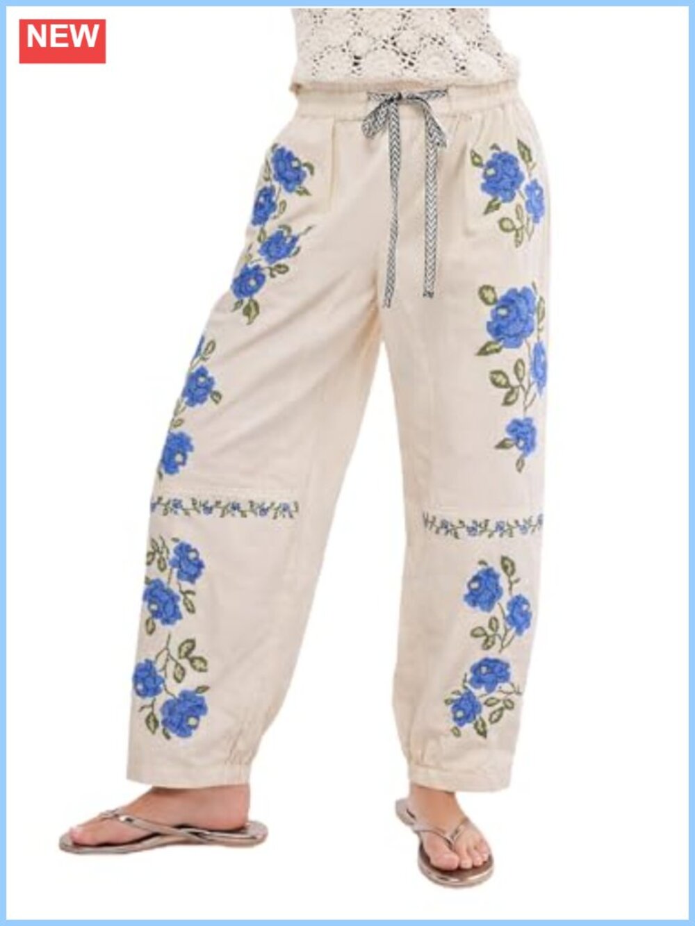 Mid Rise Barrel Jeans Embroidered Wide Leg Denim Ankle Pants Pull On